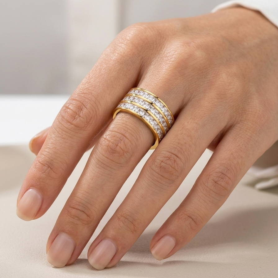 Triple Line Diamond Studded Ring